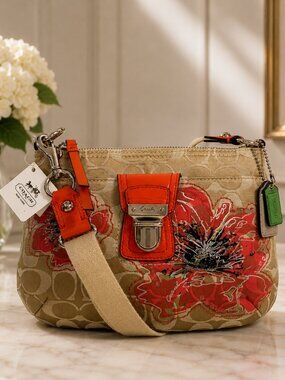 COACH Poppy 47075 Signature Floral Sequin Swingpack Crossbody Khaki Coral